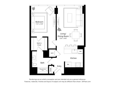 Floor plan for 1 bed, 1 bath, 762 sqft
